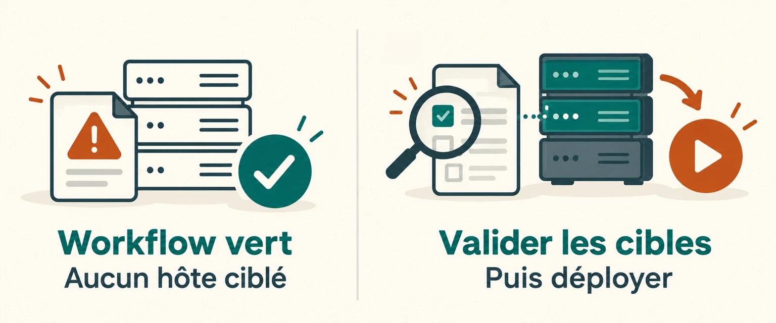 À gauche, un succès de workflow sans hôte ciblé ; à droite, un inventaire et les cibles sont vérifiés avant le déploiement