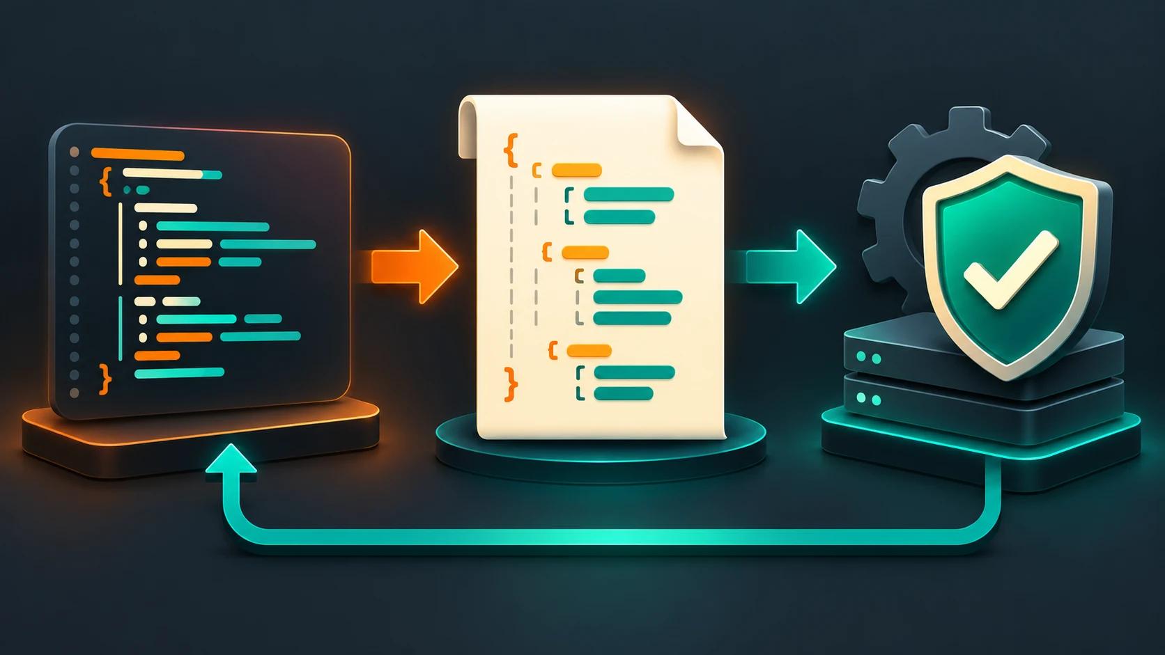 Illustration d’un code C# qui produit un document de schéma, vérifié par une chaîne CI matérialisée par un bouclier