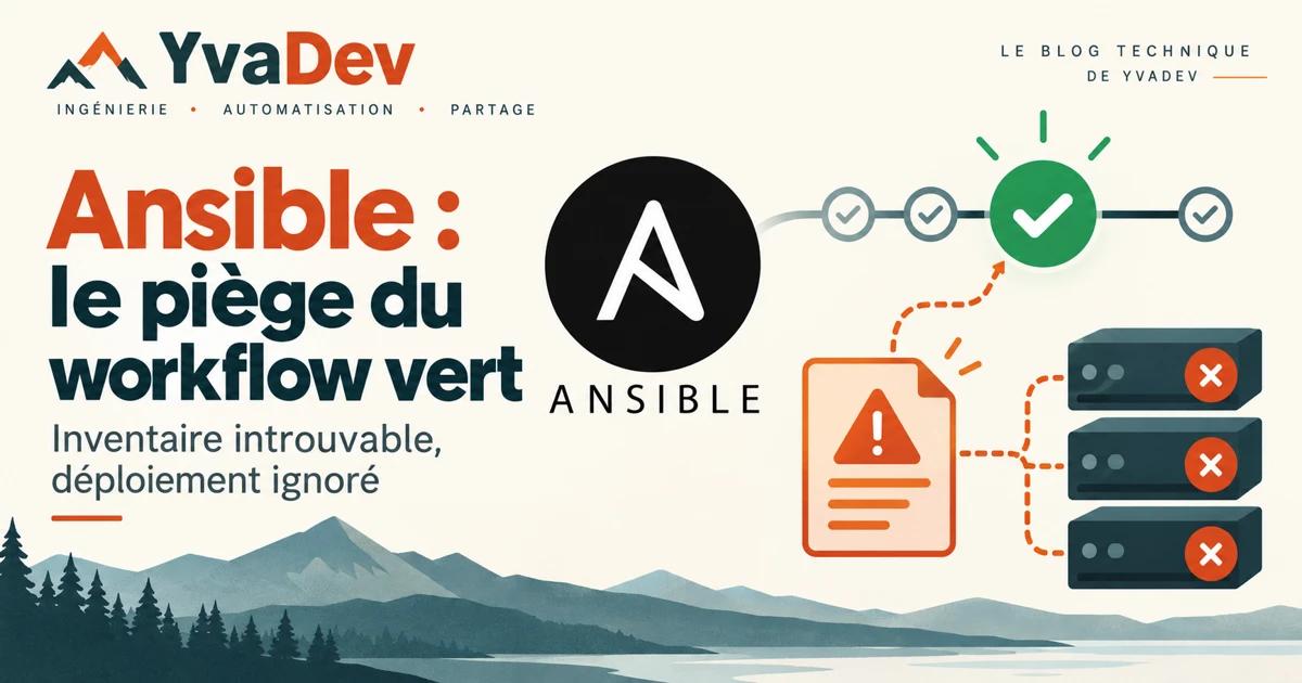 Logo Ansible face à un workflow vert, un inventaire en avertissement et des serveurs non déployés